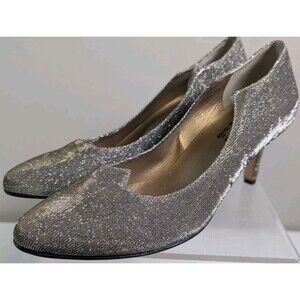 1950s Designer Shoes Vaneli di notto Silver Sparkle FabricKitten Heel 7.5 N